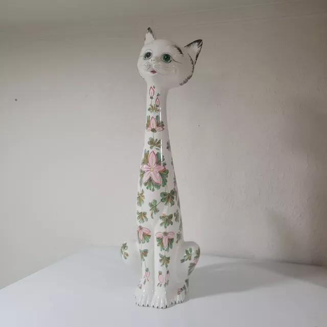 Vintage Italian Pottery 22” Long Neck Cat Hand Painted w Flowers Made In Italy