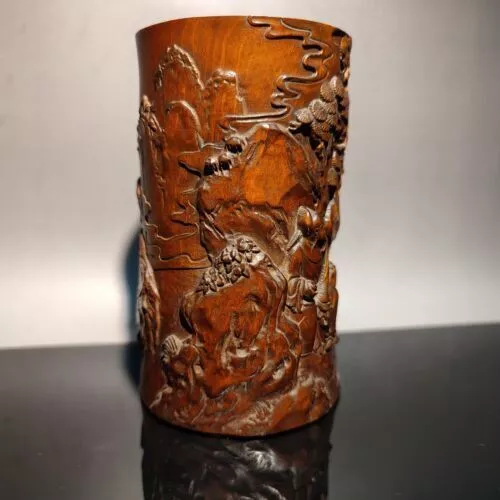 chinese carved brush pot pots pen case statue antique wood carving Figure-story