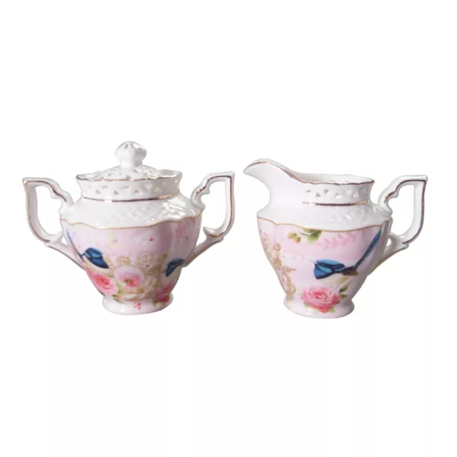 Fine Bone China Blue Wren Sugar and Milk Pot w Gift Box Gift Pink Background