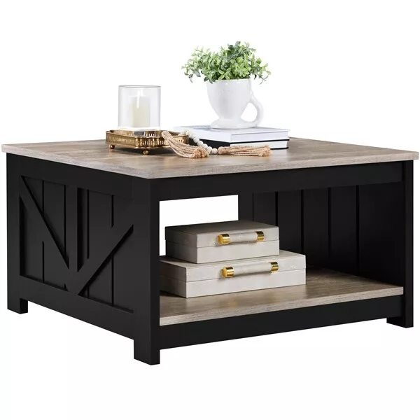 Square Wood Coffee Table with Storage shelf for Living Room Reception Room