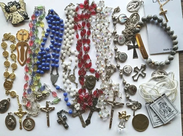 Vtg Lot Rosary Beads Blue Wht Glass Plastic Bracelets Mary Medals Crucifix Angel