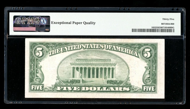 DBR 1934-B $5 Silver Fr. 1652 Vinson LA Block PMG 35 EPQ Serial L42160799A 2