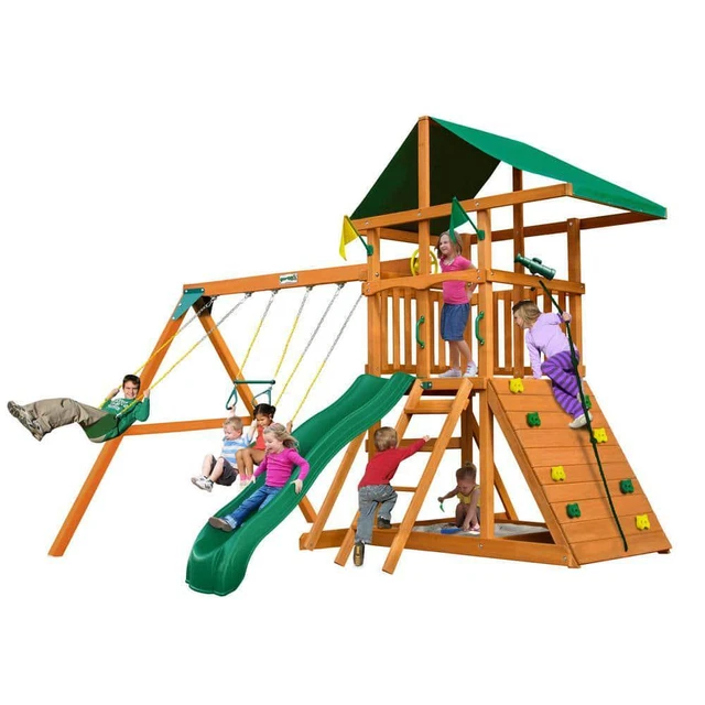Gorilla Playsets Tarp Roof Rock Wall Wave Slide Backyard Swing Set + Accessories Gorilla Playsets Tarp Roof Rock Wall Wave Slide Backyard Swing Set + Accessories