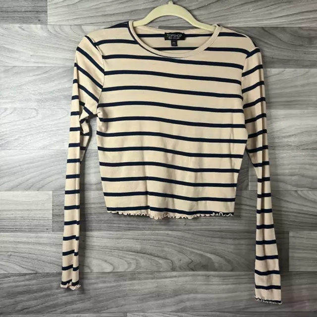 Topshop Womens Crop Top Beige Striped Long Sleeve Scoop Neck Lettuce Edge 8 2