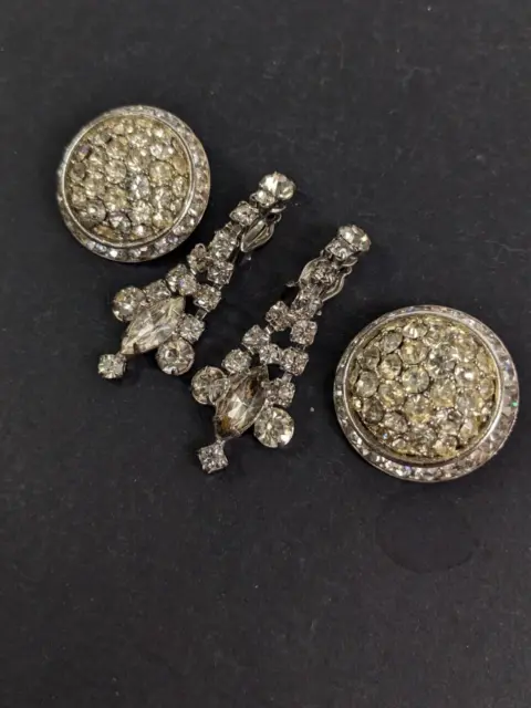Two Pairs Vintage Rhinestone Earrings Round Cluster Drop Dangle Clip on MCM Deco