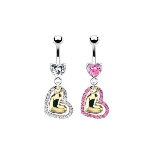 Gold Heart Dangle Paved CZ Gem Belly Ring Navel Naval Clear, Pink
