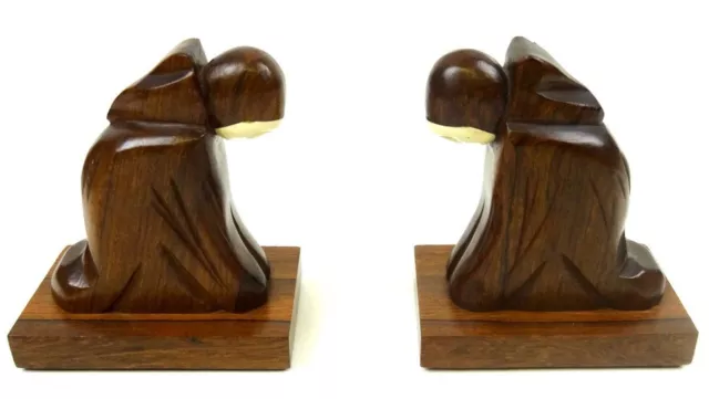 Original French Art Deco Bookends Rosewood Bone Faces Praying Monks 1930 Antique