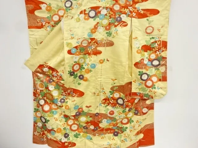 83201# Japanese Kimono / Antique Furisdoe / Embroidery / Egasumi With Kiku &
