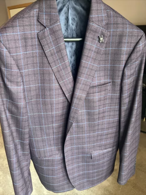 Psycho Bunny Blazer Mens 44R Purple Check Wool Cotton 2-Button Sport Coat