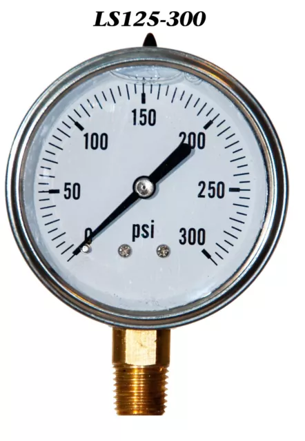 0-300 PSI Liquid Filled Pressure Gauge, 2.5” Stainless Steel Face, 1/4" LM NPT