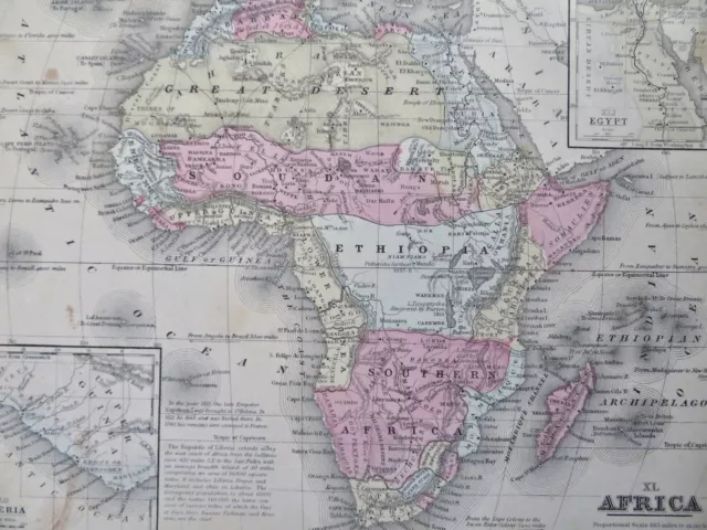 Africa Continent Liberia inset early explorers 1869 Mitchell hand color map