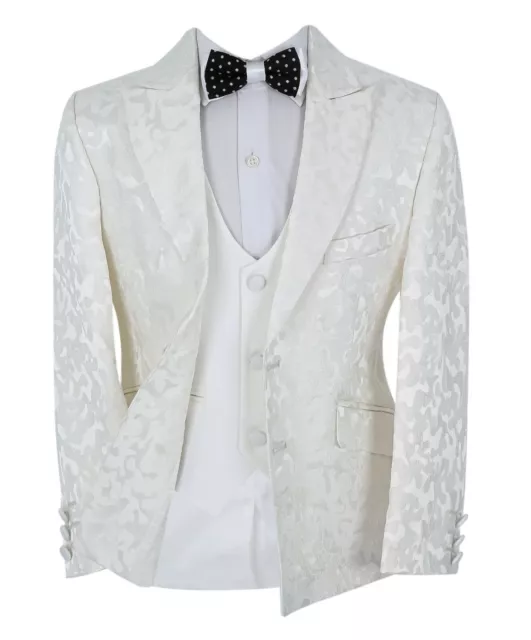 Boys Communion Suit Patterned Slim Fit Ivory 3 Piece Page Boy Wedding Prom Set