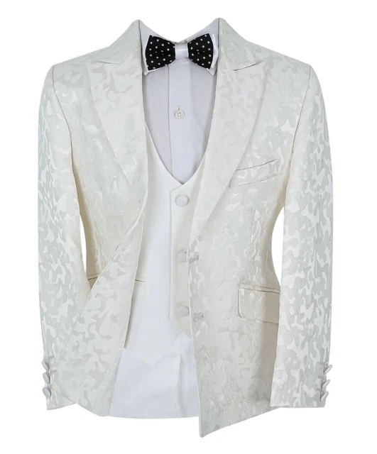 Boys Communion Suit Patterned Slim Fit Ivory 3 Piece Page Boy Wedding Prom Set
