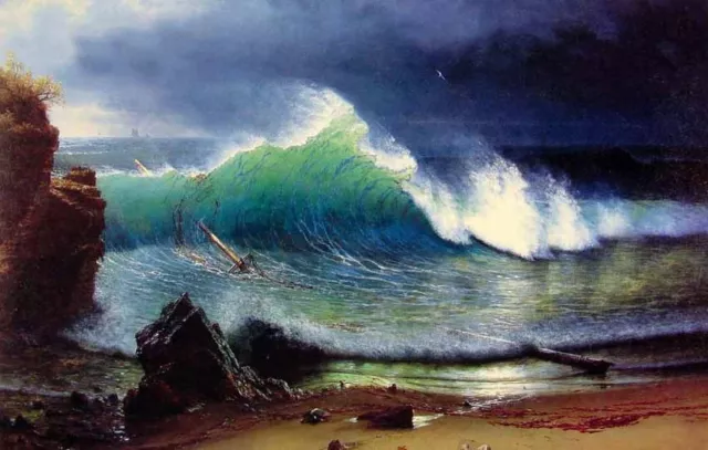 Oil Albert Bierstadt - The Shore of the Turquoise Sea & ocean waves beach 24x36"