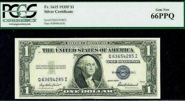 Fr.1615 $1.00 1935-F SILVER CERTIFICATE Q63654285I PCGS 65 PPQ GEM UNCIRULATED!!