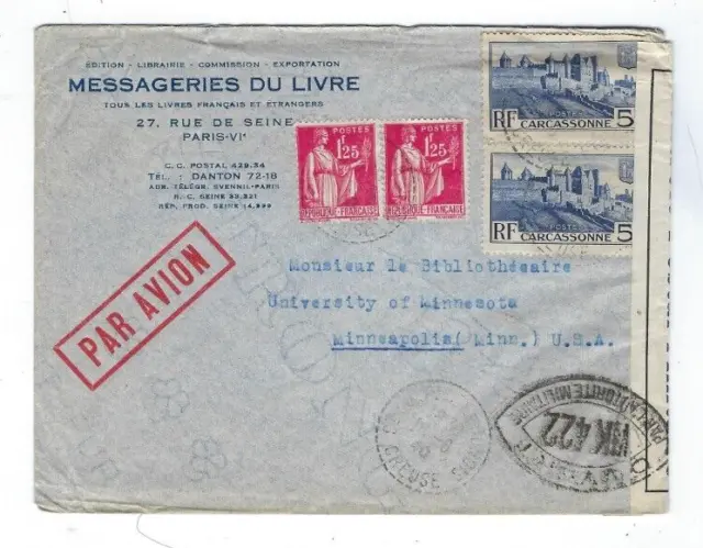 1940 Paris France Airmail to Minneapolis Minnesota, WWII Censor Tape