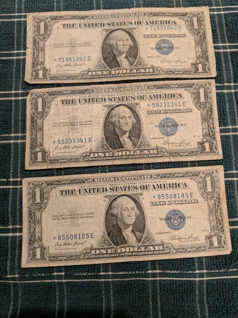 1935E Circulated One Dollar $1 Silver Certificate- Blue Seal STAR Bills Set of 3
