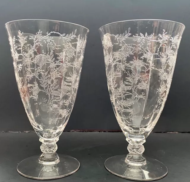 Vintage Fostoria Chintz (Etched) Crystal Iced Tea Glasses, 6" x 3 1/2" set of 2