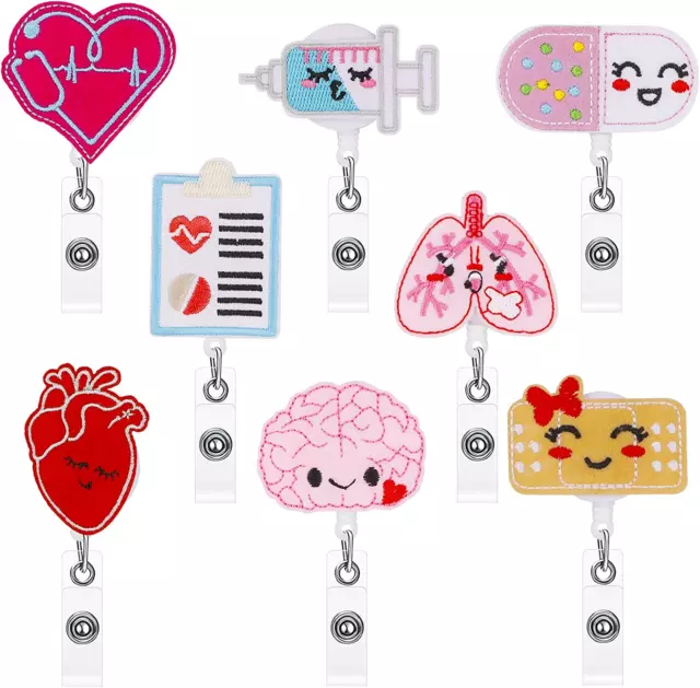 8 Pieces Felt Nurse Badge Reel Retractable Badge Holders Brain Heart Lung ID Bad