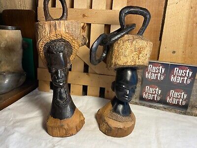 Lot of 2 Vintage Hand Carved Wooden Folk Art African Tribal Sculpture