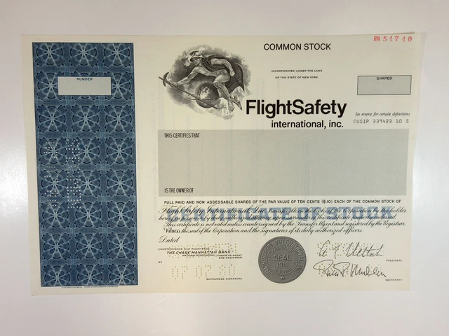 NY. FlightSafety International, Inc., 1980. Specimen Stock Cert., XF-AU, SCUSBNC