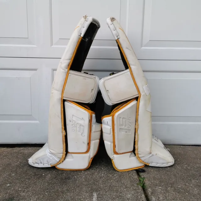 Used Bauer Supreme 1S Odin White Yellow Large 36" Goalie Pads 3