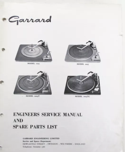 Exploded View Parts List, Service Manual For Garrard 1025, 2025 Series Turntable