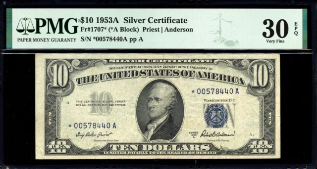 Fr 1707* $10 1953A Star Silver Certificate - PMG 30 EPQ