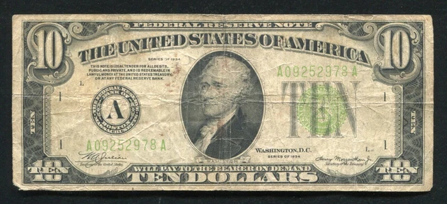 1934 $10 Ten Dollars Frn Federal Reserve Note Boston, Ma 