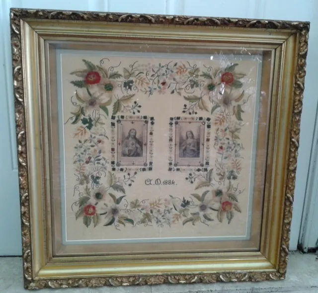 AMAZING RARE LARGE ANTIQUE 1884 SAMPLER "SACRED & HOLY HEART OF JESUS and MARY"