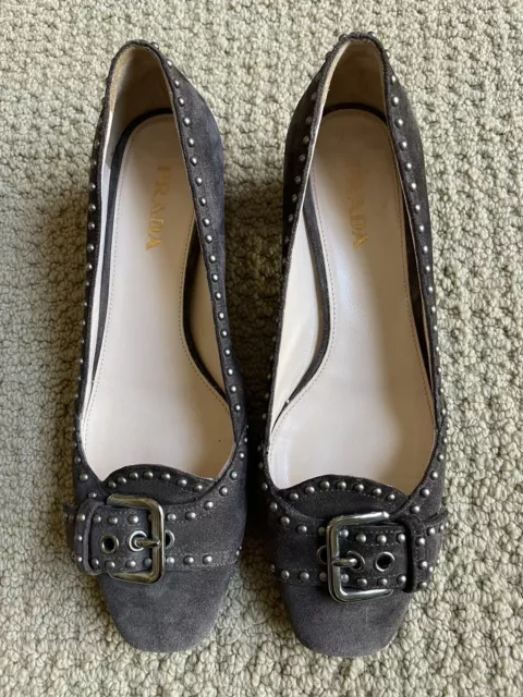 PRADA NEW! Brown Suede Studded Block Heels - Size 38 (7.5) Gorgeous!