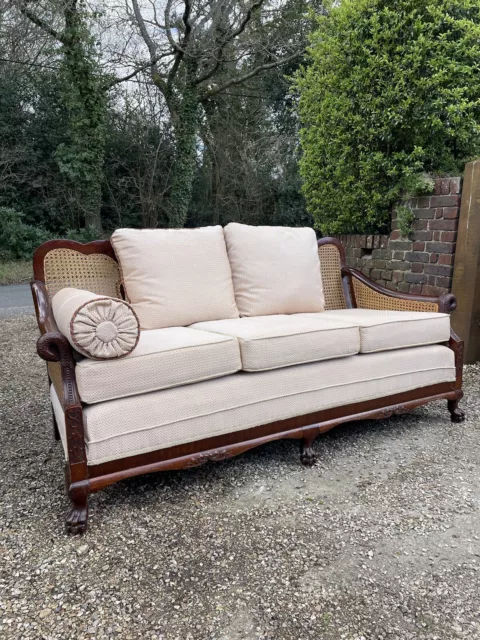 Gorgeous Antique Three Seater Sofa, Recently Upholstered And Re-Caned, Claw Feet