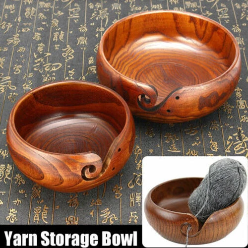 Grand bol de fil en bois à tricoter＆Aiguilles d'outil de crochet Stockage laine