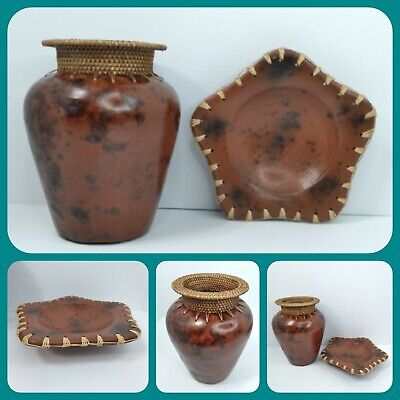 Terra Cotta Pottery Vase & Bowl Dish Rattan Woven Rim Faux Leather Glaze