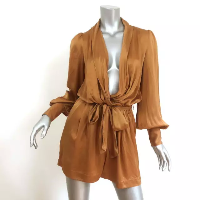 Zimmermann Plunge Wrap Romper Gold Silk Satin Size 1 Long Sleeve Playsuit