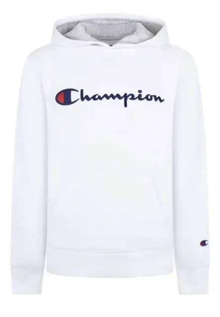 Champion Boys White Fleece Logo Graphic Long Sleeve Pullover Hoodie Youth Small
