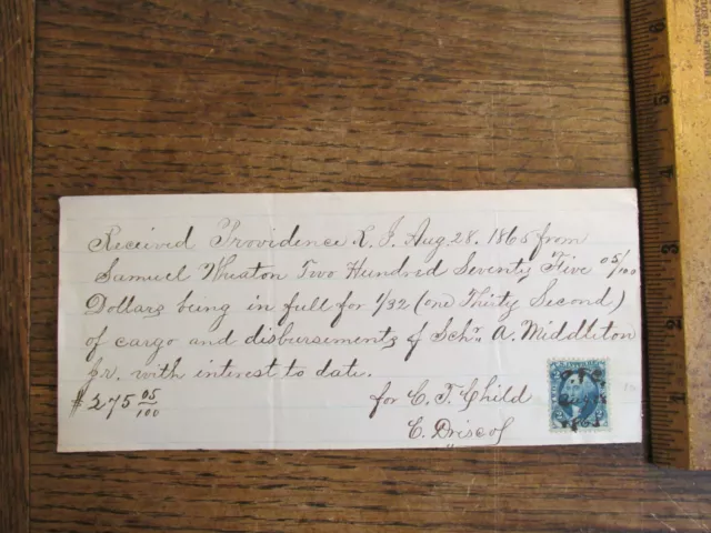 Antique Ephemera Document 1865 Providence RI Receipt Schooner A Middleton Cargo