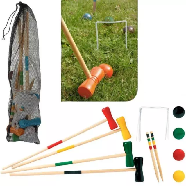 Childrens Kids 4 Player Croquet Wooden Set Outdoor Garden Toy Game