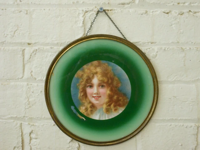 Victorian Little Girl ~ 7 3/4" diam. Brass Framed Flu Cover w/ Hang Chain