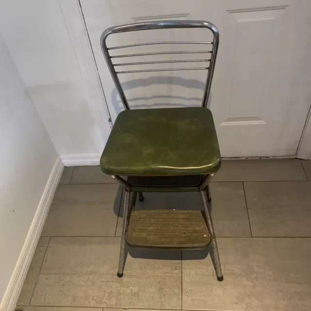 Vintage Cosco Kitchen Metal Step Stool Chair Flip Up Seat Retro MCM Green Read
