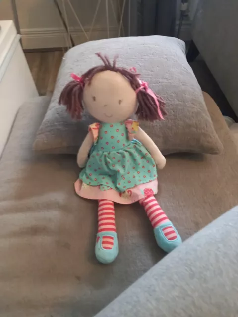 M&S DOLL COMFORTER BROWN HAIR Floral Dress  RAG SOFT TOY MARKS AND SPENCER 12"