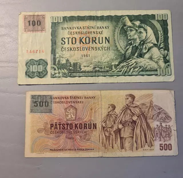 Czechoslovakia 100 (1961) and 500 (1973) Korun note with revalidation stamp