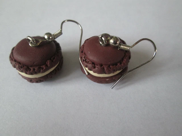 Boucles D'oreilles Cœur Macaron En Pâte Fimo - Chocolat-Caramel - Dormeuses Inox - Neuves