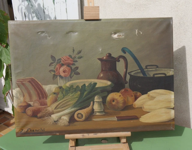 Tableau Ancien Peinture Huile Nature Morte Gastronomie Soupe Pot Au Feu Signe