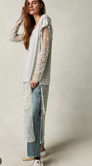 Free People Rock Steady Maxi Tee Top Dress Tiered Layer Embroidered Gray S $198