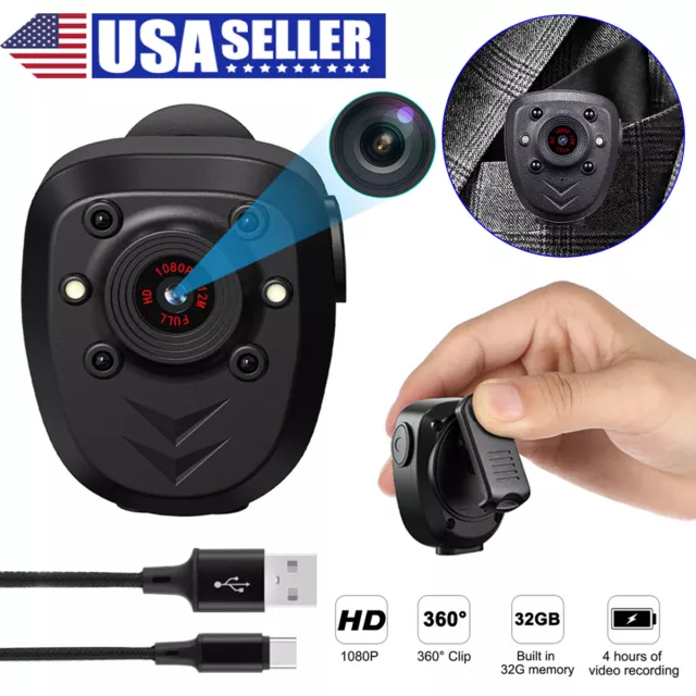 HD 1080P Camcorder Mini Police Body Camera 360° Video DVR IR Night Cam +32G Card