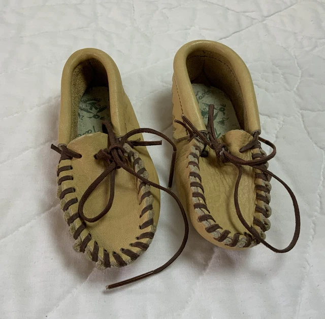 Vintage Children’s Leather Moccasins, Beige, Size 4 Brown Ties, Taos
