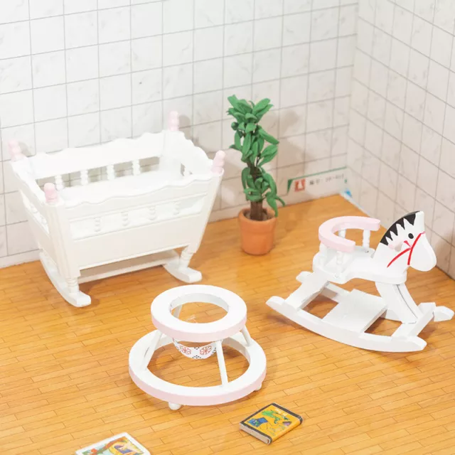 3PC 1:12 Scale Dollhouse Miniature Rocking Horse Babies Bed Kids Room Furniture