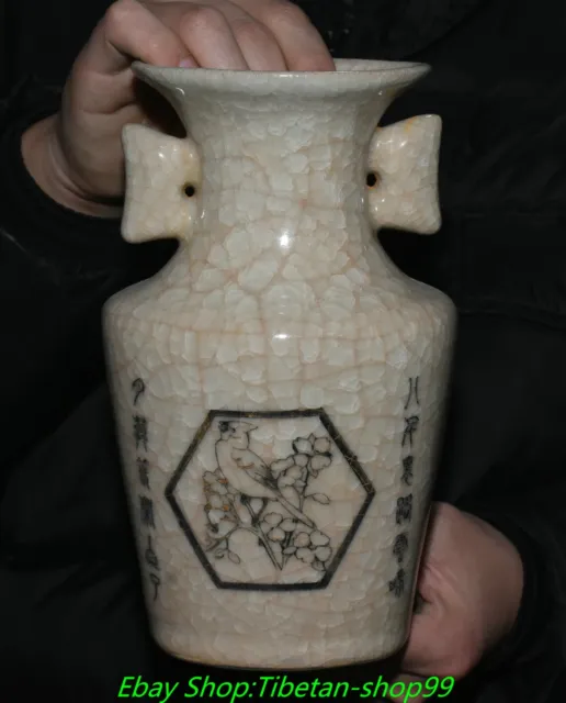 9''Old Song Dynasty official Kiln Porcelain Palace Poems Word Bird Bottle Vase