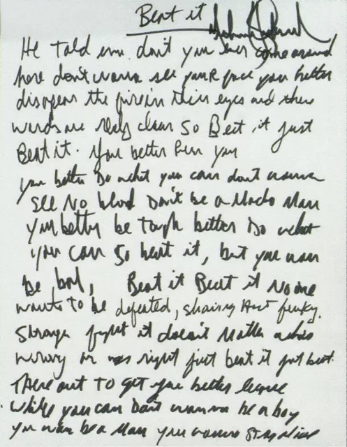 MICHAEL JACKSON Handwritten Signed Lyrics 'Beat It' 2 pages - reprint